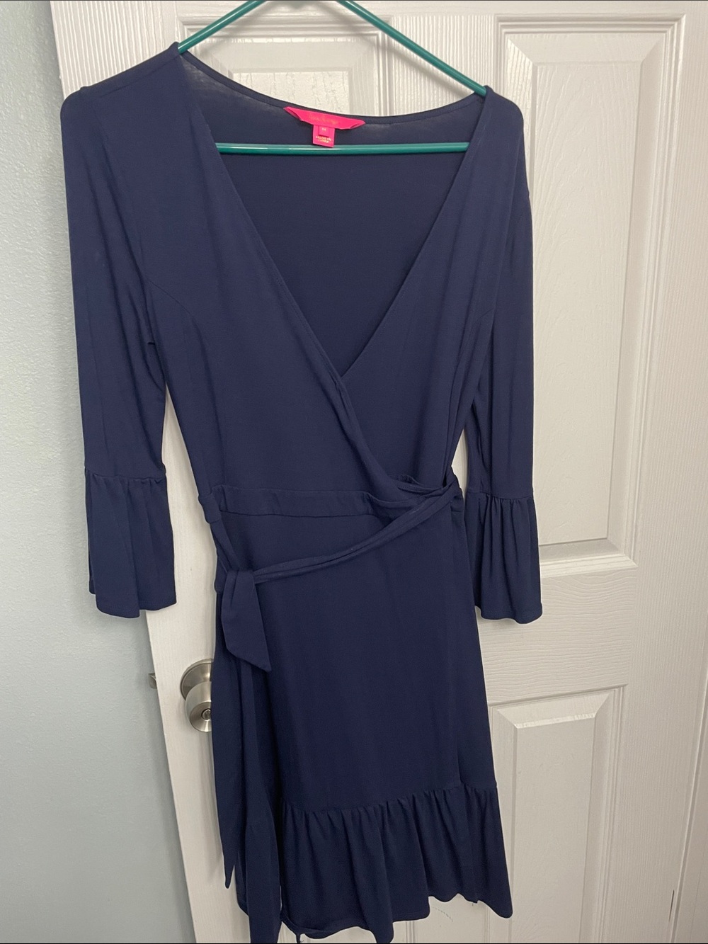 Lilly Pulitzer Navy Wrap Midi Dress with Ruffle Hem and Bell Sleeves